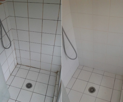 Grout cleaning service before and after results on a shower.